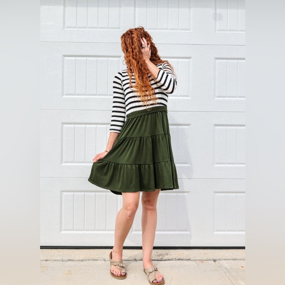 Olive Green Tiered Striped Dress